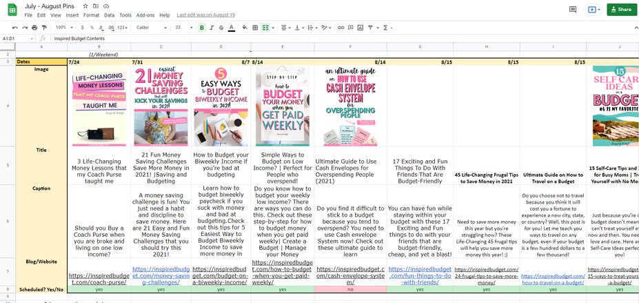 Content calendar spreadsheet planned by week