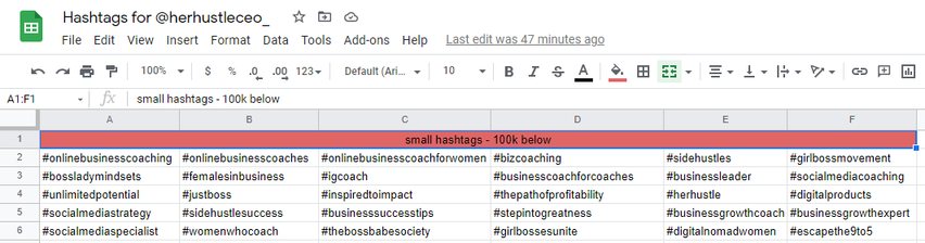 Data entry spreadsheet of researched hashtags