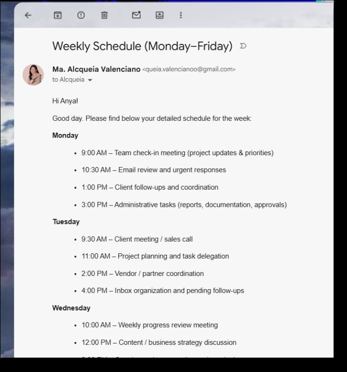 Weekly schedule sent as a professional client email