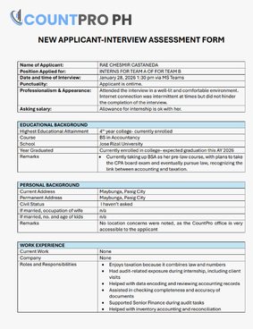 New applicant interview assessment form