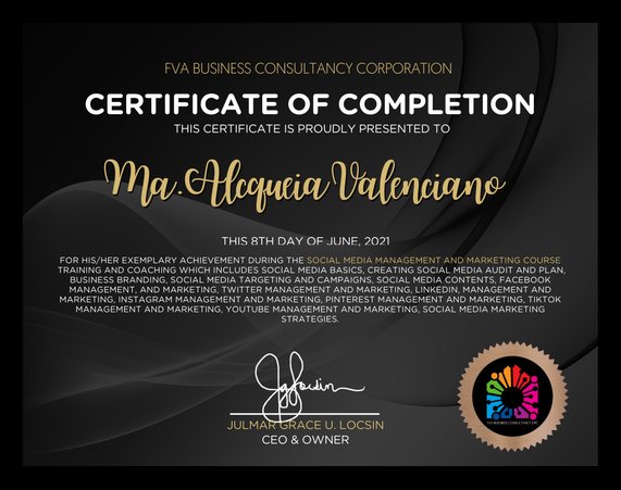 FVA Business Consultancy certificate — Social Media Management and Marketing