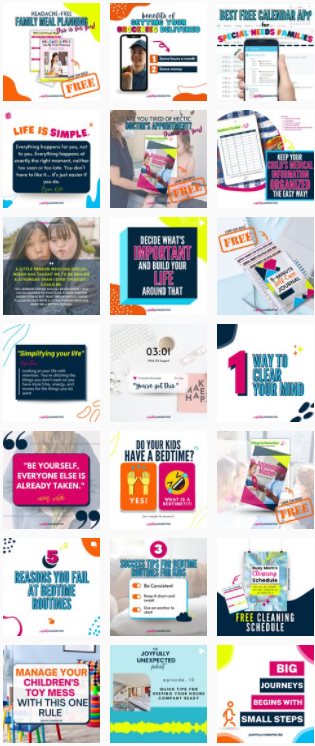 Instagram feed grid of 21 graphic posts for a busy moms and home organization account