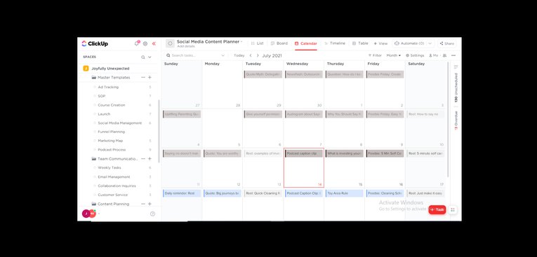 ClickUp social media content calendar used for scheduling posts