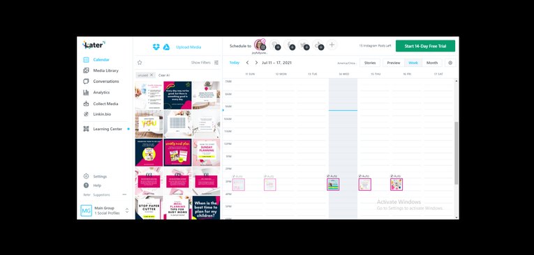 Later app calendar used for scheduling Instagram posts
