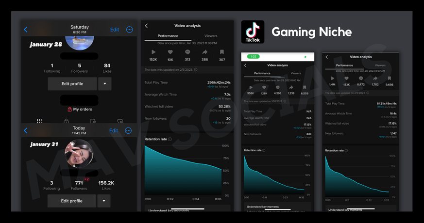 TikTok video analytics dashboard for a managed gaming niche account